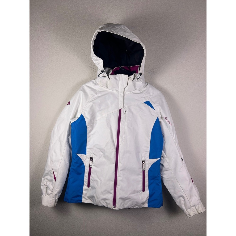 Descente Womens Ski Jacket White Blue Purple Hooded Winter Coat Size 8/S